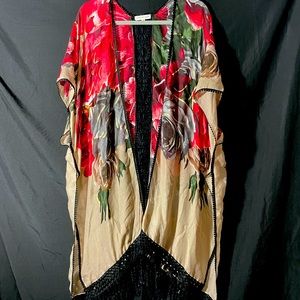 Roses print shawl women heart with fringe sz med